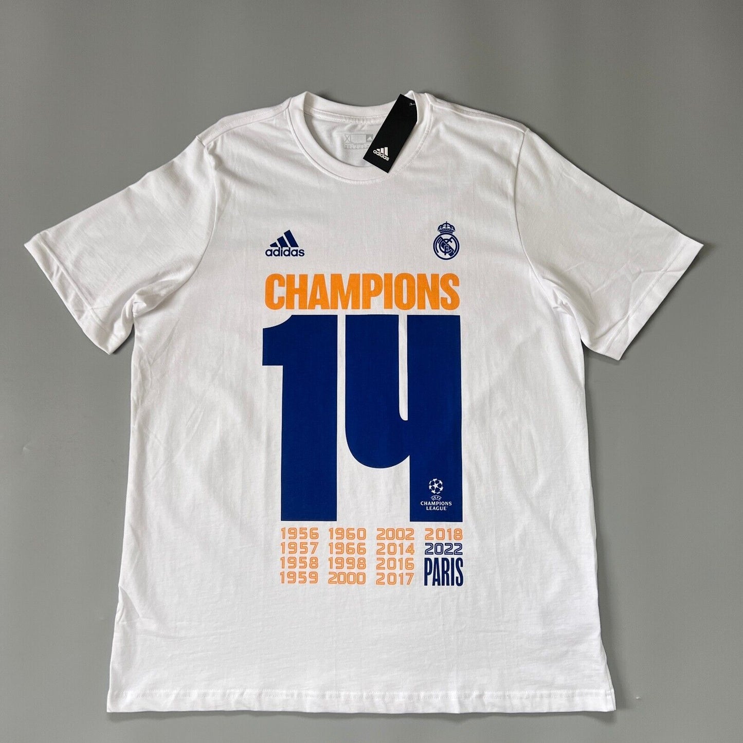 Real Madrid Jersey UCL Champions T-Shirt White Soccer Shirt Adidas Mens Size 2XL