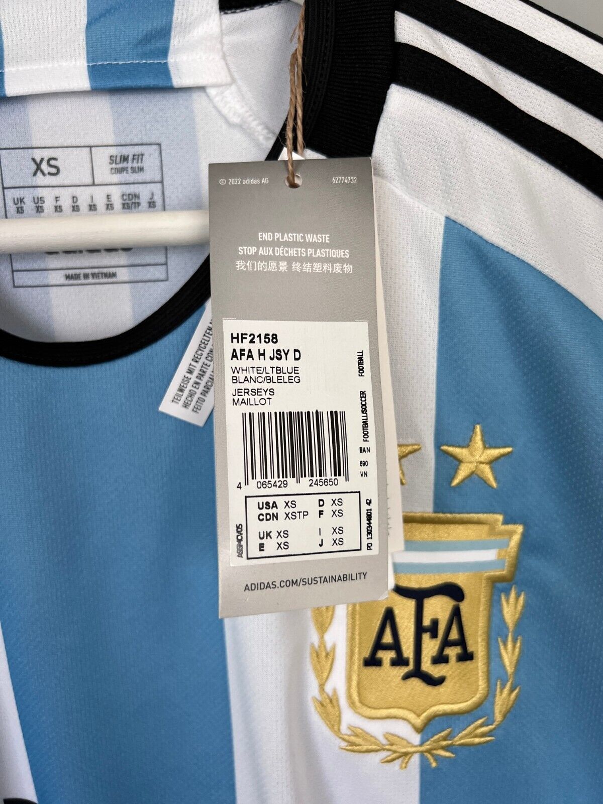 Messi Argentina Jersey 2022 Home Soccer Shirt HF2158 Adidas Mens Size XS