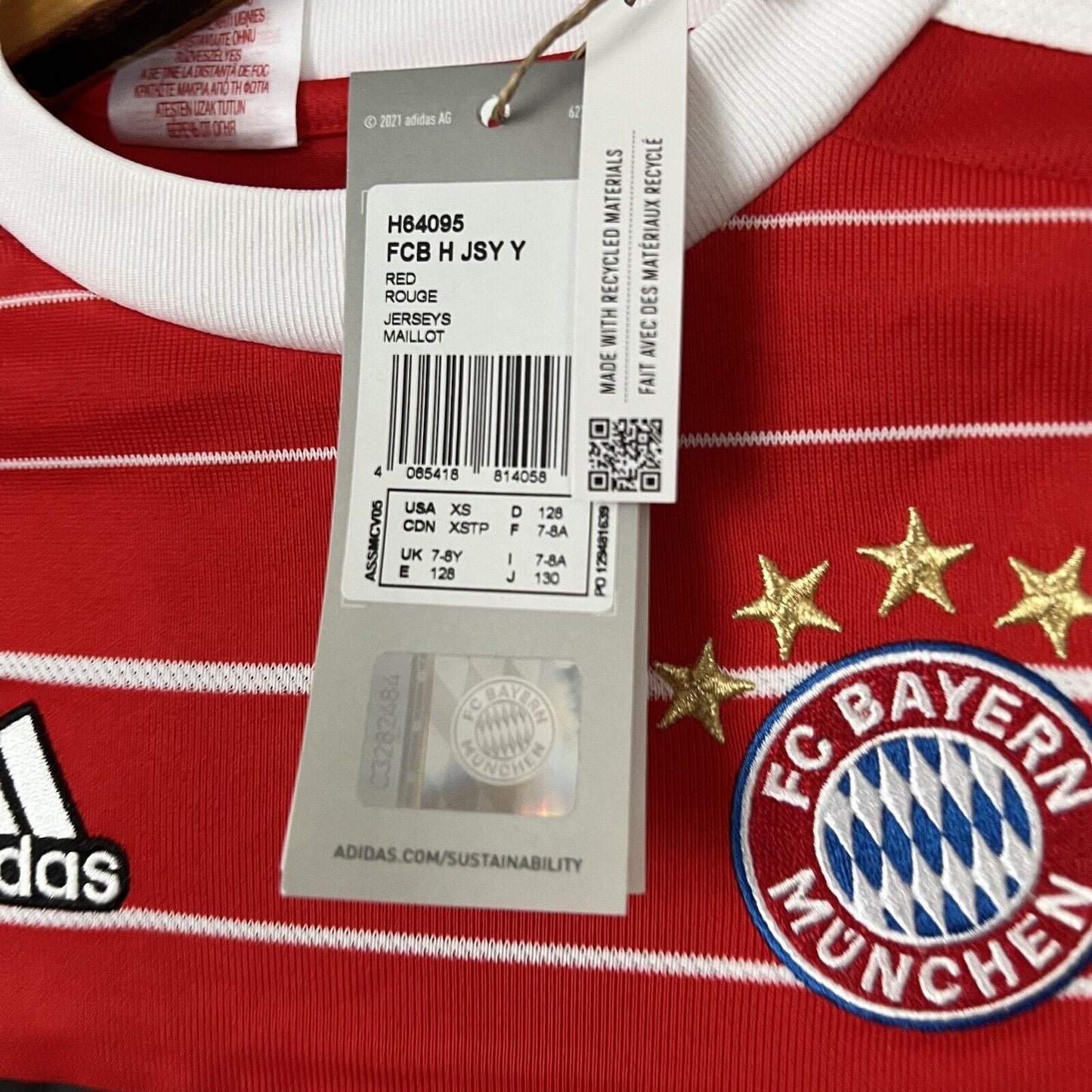 Bayern Munich 2022-23 Home Size XS 7-8Y Boys Soccer Football Shirt Adidas
