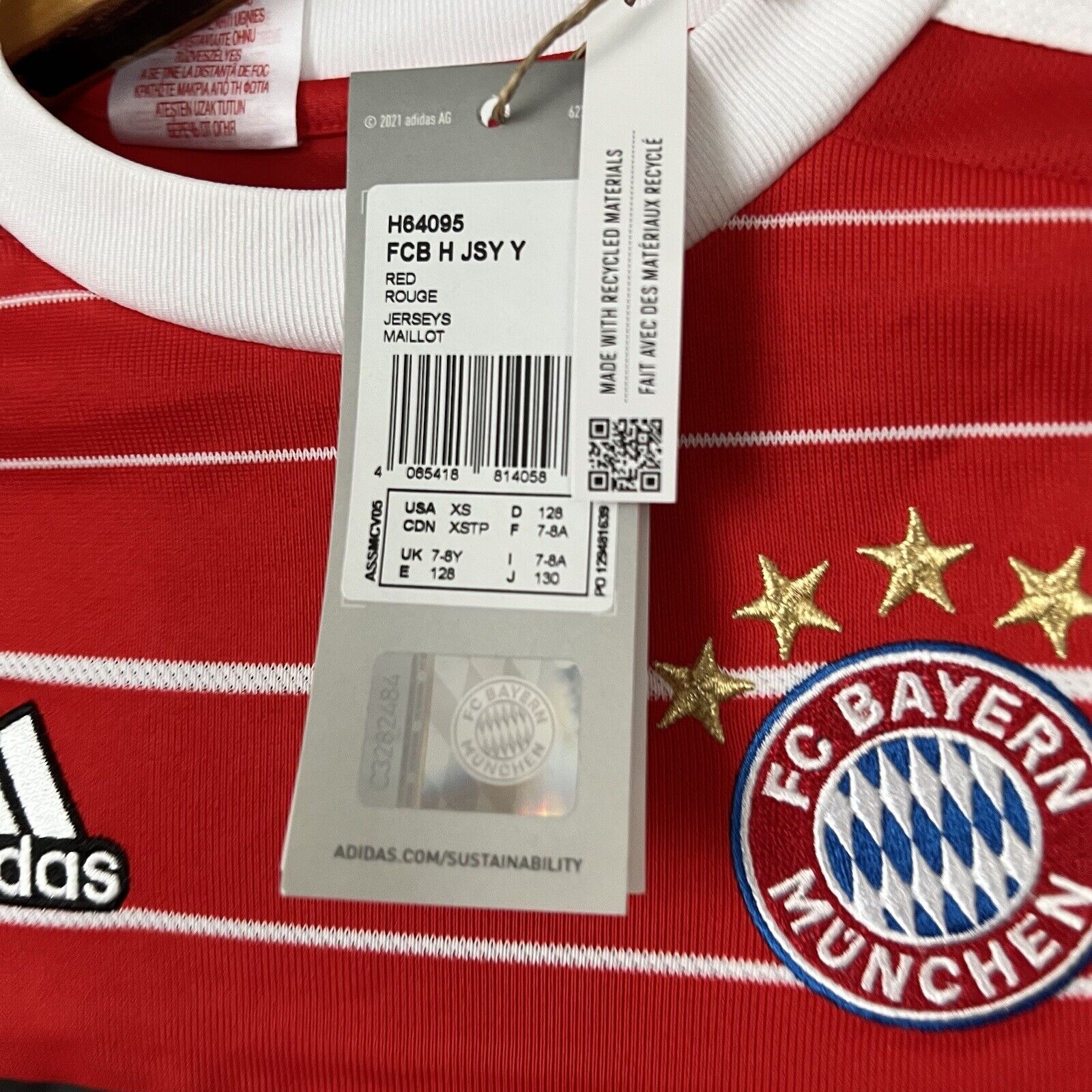 Bayern Munich 2022-23 Home Size XS 7-8Y Boys Soccer Football Shirt Adidas