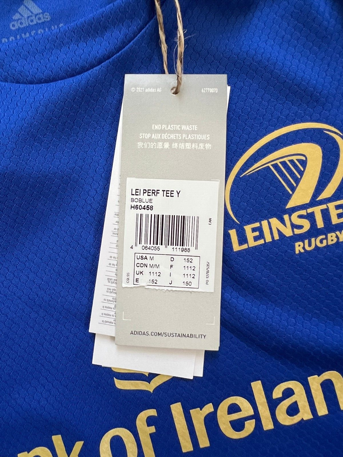 Leinster Jersey Rugby Performance Blue Shirt H60458 Adidas Boys Size M