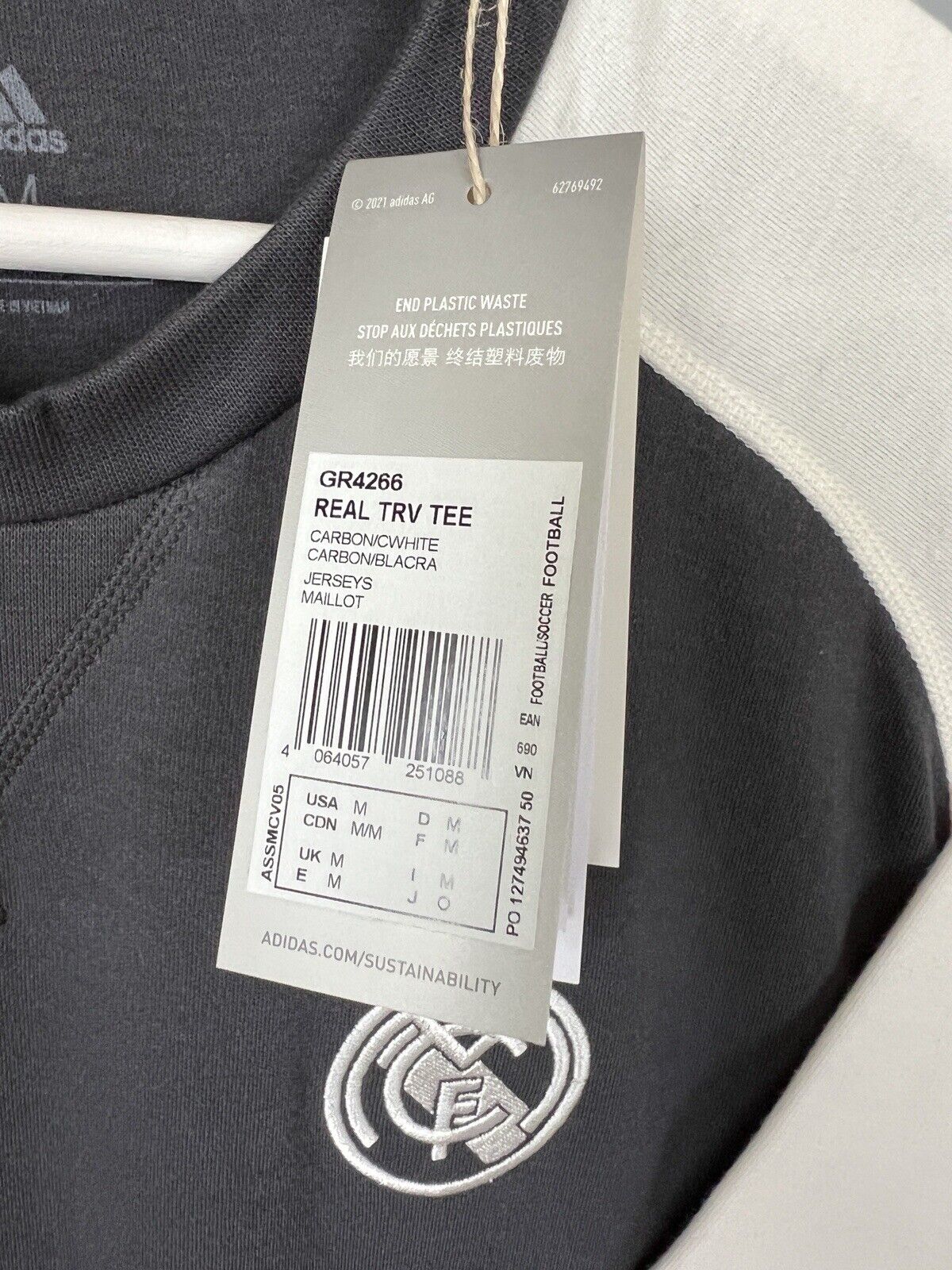 Real Madrid Travel T-Shirt Grey GR4266 Adidas Mens Size M