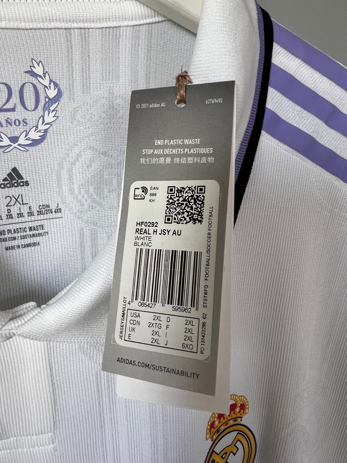 Real Madrid Jersey 22/23 Home Authentic Soccer Shirt HF0292 Adidas Mens Size 2XL